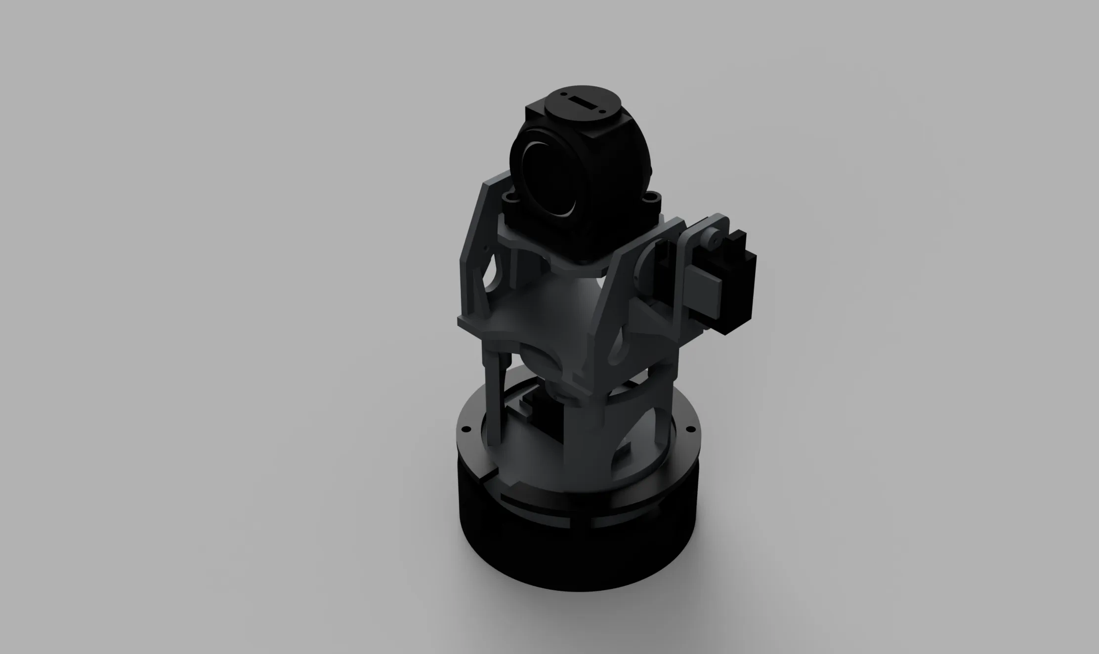 CAD rendering of the ARGUS spherical camera head mounted on a two-axis pan-and-tilt gimbal above its circular base