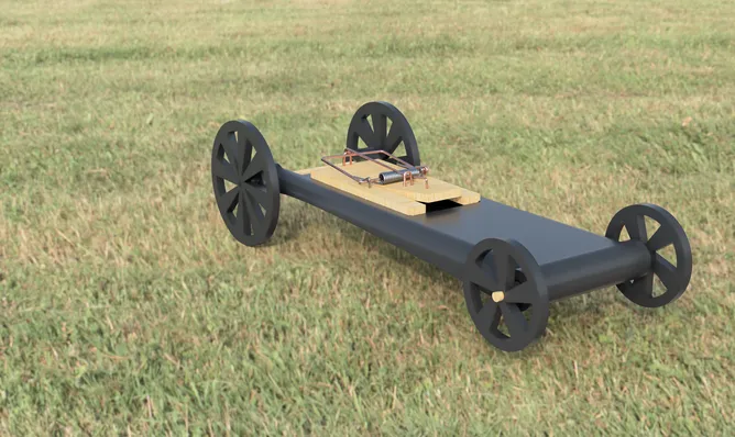 Rendering of the four-wheeled mousetrap car with a long printed chassis and an exposed trap